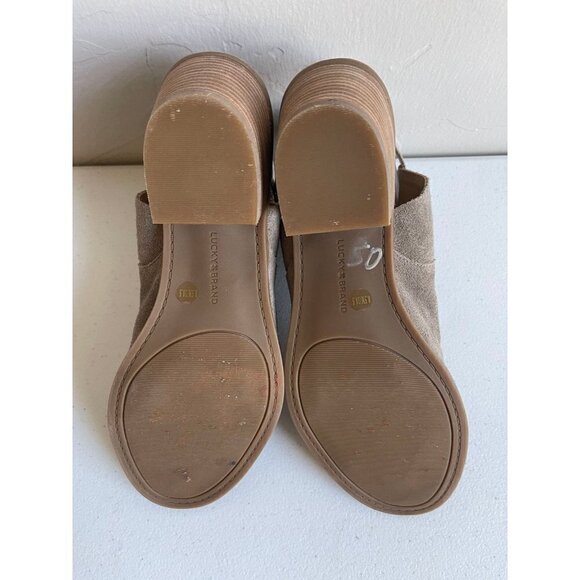 Lucky Brand Bain Heels Tan Leather Open Peep Toe Natural Suede Ankle Strap 8.5M - Picture 7 of 7
